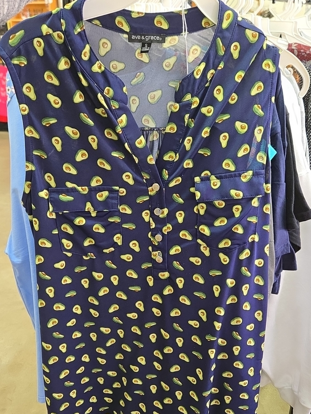 Ava & Grace Navy Avocado Print Sleeveless Tunic Dress
